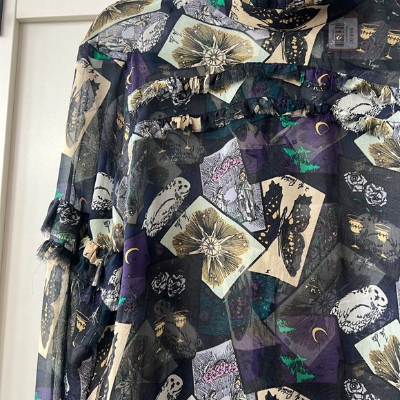 Equipment Sheer Witchy Boho Silk Tarot Fringe Blouse - Picture 2 of 7
